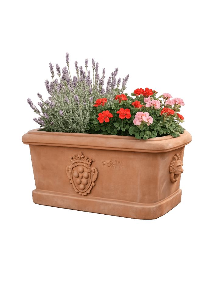 Jardinière ovale en terracotta d’Impruneta avec décor fruitier et rosettes